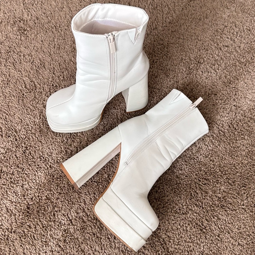White Platform Ankle Boots Square Toe High Heel